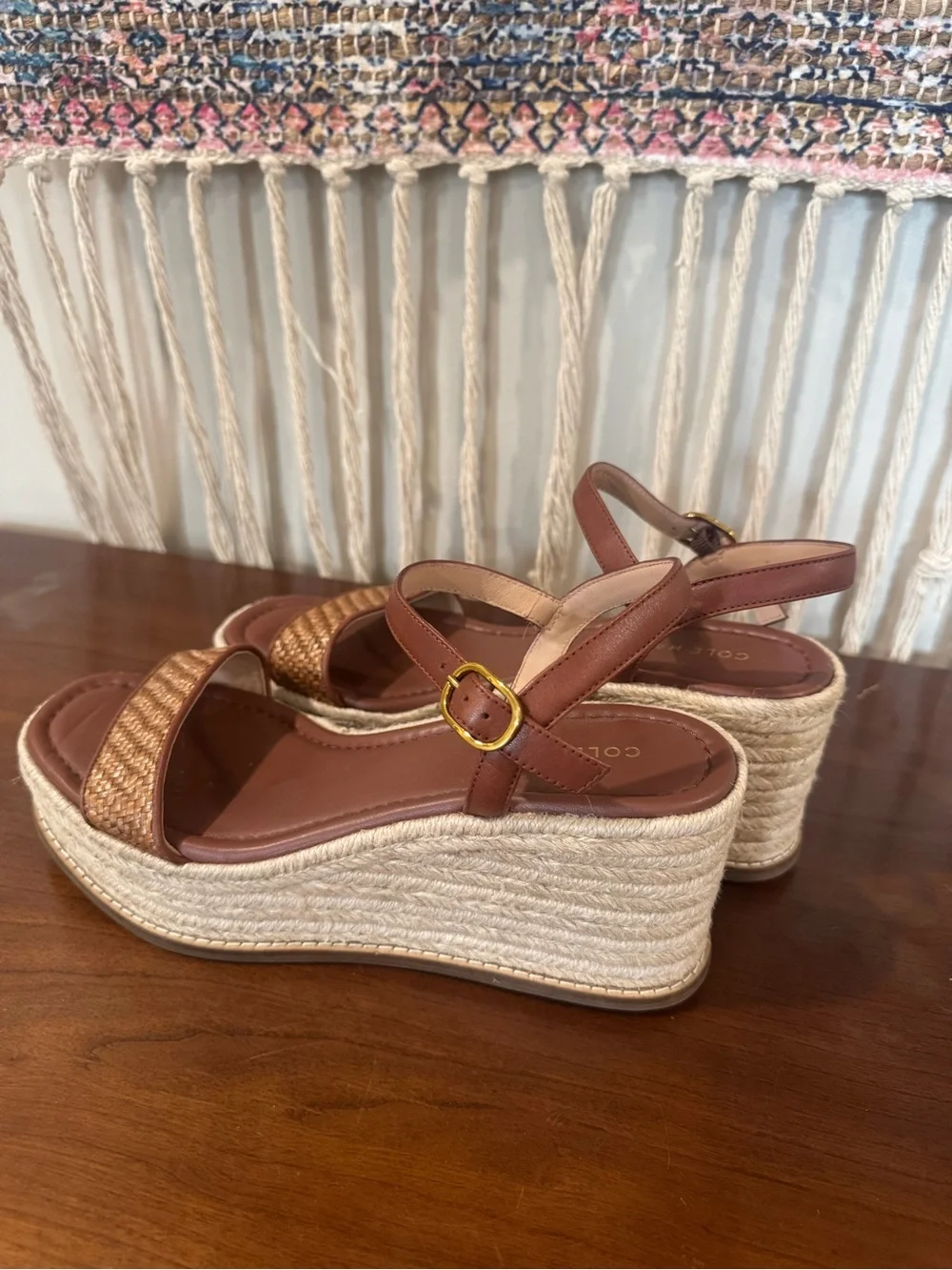 Cole Haan Women's Tan Woven Espadrille Wedge Sandals with Ankle Strap